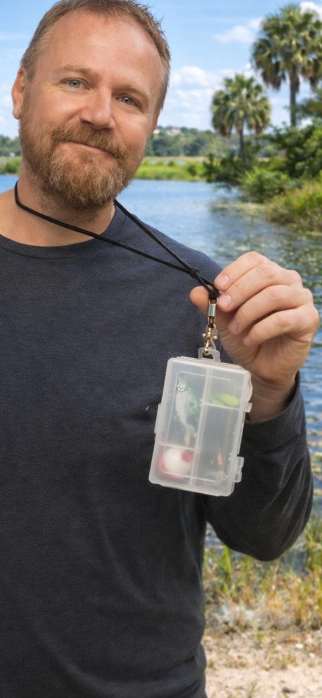 Lanyard-style tackle case worn on the neck