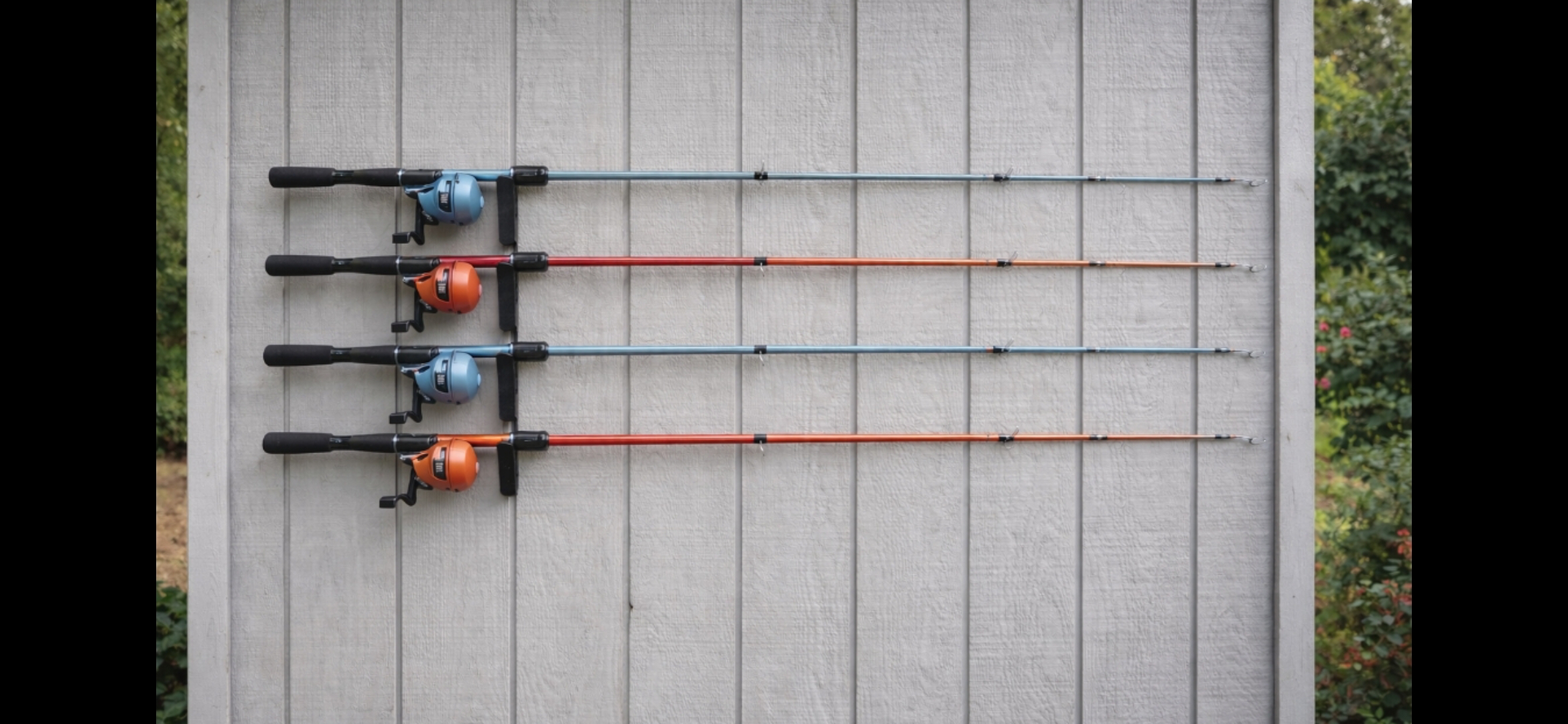 Close-up of fishing pole rental setup